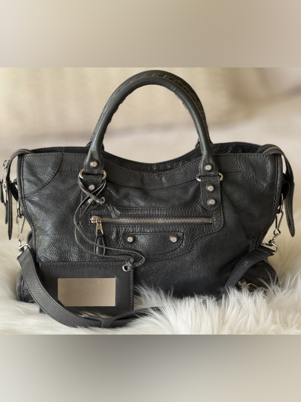 BALENCIAGA CITY BAG MOTO BAG GREY GRIS FOSSILE W/ MIRROR SILVER HARDWARE